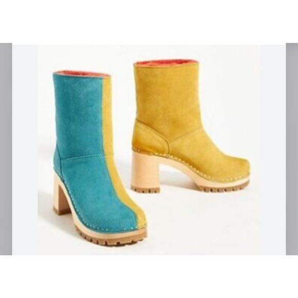 Swedish Hasbeens Two Tone Suede Clog Chunky Ankle Boots - 38 NWOT - Picture 1 of 8